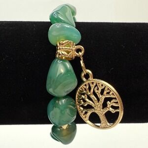 Green Agate Stone Tree of Life Charm Bracelet Gold Tone Charm Stretch Jewelry